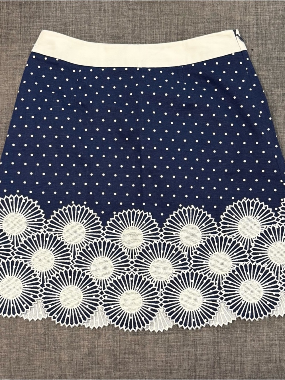 Boden Navy and White Polka Dot A-Line Skirt with Embroidered Flowers